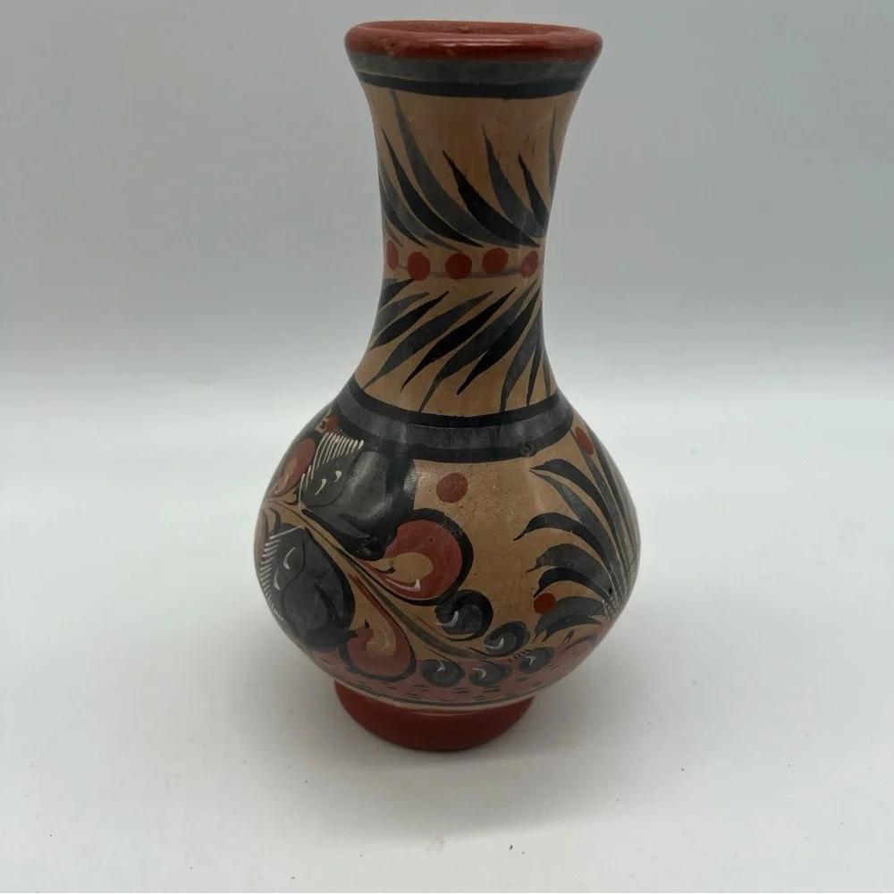 Mexican Made Tonala Vase Foral Coral Gray Color Artisan Ethnic Handmade Painted